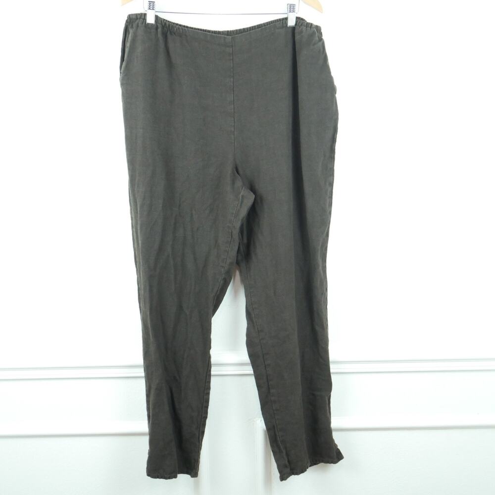 FLAX Large Pants 100% Linen Flat Front Pull On Chocolate Brown Lagenlook Minimal